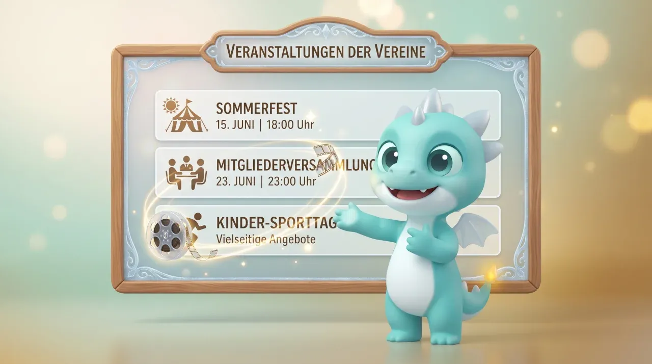 Der Eisdrache Loki steht vor einer großen Anzeigetafel mit mehreren Terminen
