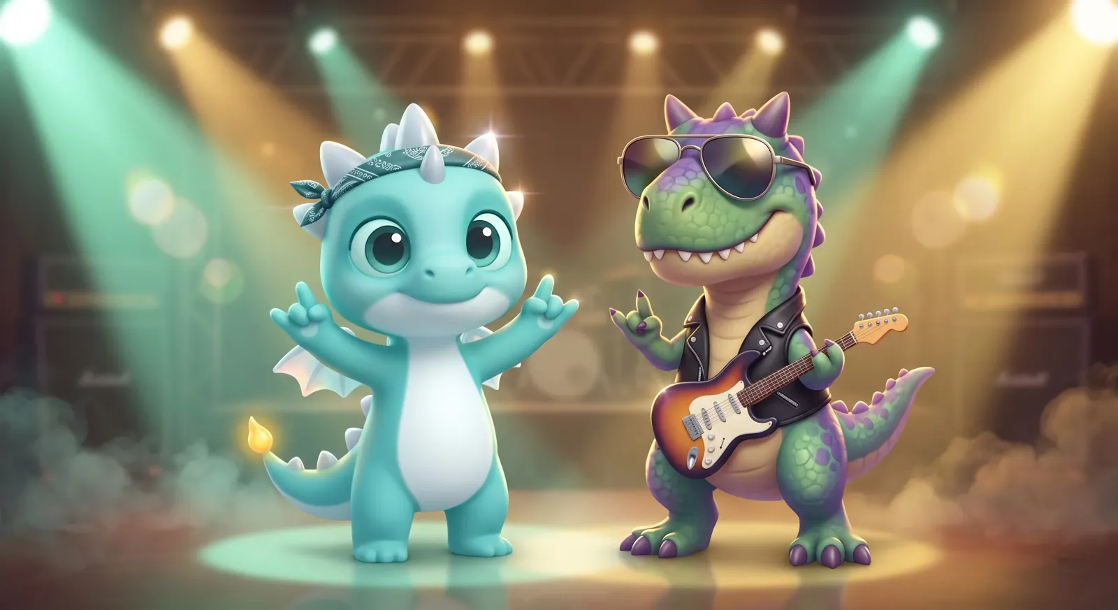Loki steht auf der Bühne mit einem Rocker Dinosaurier